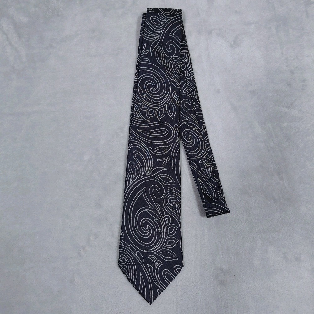 Giorgio Armani Vintage Paisley Silk Tie Navy Blue Silver Made In Italy Mens